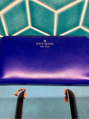 kate spade Royal Blue Leather Zip Wallet with Gold Logo